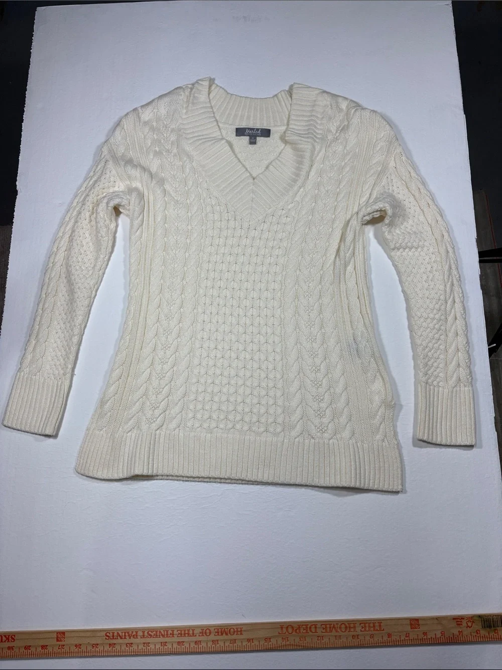 Marled Reunited Clothing Cream Cable Knit V-Neck Sweater